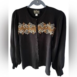 Bob Mackie black cardigan sweater with brown and tan embroidery. Size XL $20